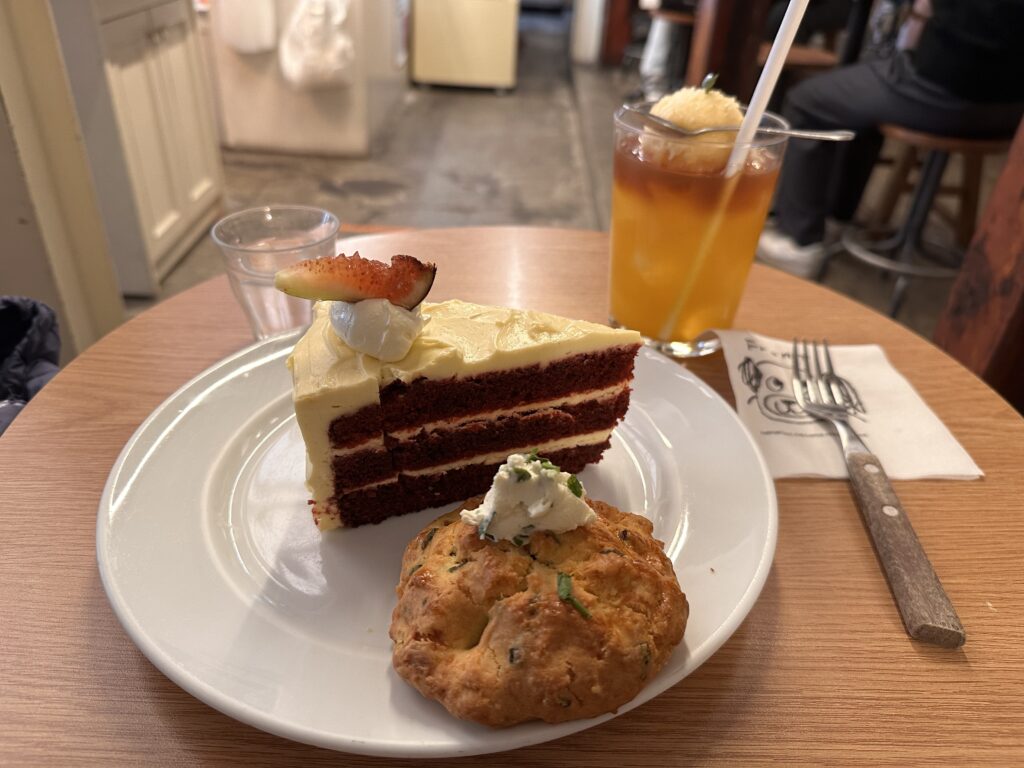 delicious green onion scone and red velvet cake